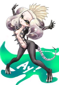 1girl arms_up big_man_(grand_festival)_(splatoon) big_man_(grand_festival)_(splatoon)_(cosplay) big_man_(splatoon) big_man_(splatoon)_(cosplay) black_bodysuit bodysuit breasts cameltoe center_opening colored_inner_hair commentary_request cosplay full_body gradient_hair half-closed_eyes highres koharu2.5 long_hair looking_at_viewer manta_ray medium_breasts mole mole_on_cheek multicolored_hair navel nintendo parted_lips pearl_(splatoon) pigeon-toed pointy_nose purple_hair silhouette simple_background slingshot_swimsuit solo spiked_swimsuit splatoon_(series) standing star-shaped_pupils star_(symbol) swimsuit symbol-shaped_pupils tail tiptoes white_background white_hair yellow_eyes yellow_pupils