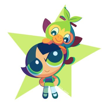 1girl black_footwear black_hair buttercup_(ppg) crossover dress egitojuniior full_body gen_8_pokemon green_dress green_eyes grookey hands_on_own_hips highres leggings looking_at_another monkey nintendo no_fingers on_head pastel_colors pokemon pokemon_(creature) pokemon_on_head powerpuff_girls signature simple_background smile standing star_(symbol) tail toon_(style) white_background white_leggings