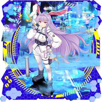 1girl alternate_costume animal_ears belt_pouch black_gloves blue_boots boots breasts closed_mouth emblem game_cg gloves highres holding holding_phone hologram jacket long_hair long_sleeves looking_at_viewer lunatic_gun official_art pantyhose phone pouch purple_eyes purple_hair rabbit_ears rabbit_girl reisen_udongein_inaba reisen_udongein_inaba_(peacekeeper_captain_of_the_capital) rotte_(1109) shorts solo thigh_pouch thigh_strap third-party_source touhou touhou_lostword transparent_background two-tone_gloves very_long_hair white_gloves white_jacket white_pantyhose white_shorts