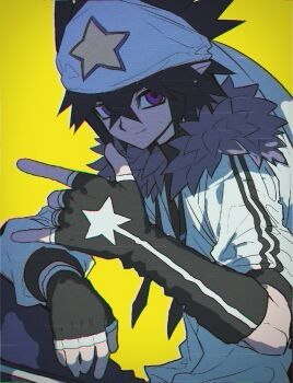 Rule 34 | 1boy, adapted costume, aotu world, bandana, black gloves, black hair, blue pants, closed mouth, drawstring, fingerless gloves, fur-trimmed jacket, fur trim, gloves, hair between eyes, headband, highres, jacket, knees up, looking at viewer, male focus, pants, pointy ears, print gloves, print headband, purple eyes, ray (aotu world), rnlcksmaalcls, short hair, simple background, sitting, smile, solo, spiked hair, star (symbol), star print, white headband, white jacket, yellow background