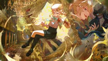 3boys absurdres antonio_(identity_v) antonio_(ouroboros)_(identity_v) art_room beret black_corset blonde_hair blue_bow blue_eyes bow canvas_(object) commentary_request corset edgar_valden edgar_valden_(golden_ratio) gold hat highres holding holding_paint_palette holding_paintbrush identity_v loafers luca_balsa luca_balsa_(electrolysis) male_focus multiple_boys paint paint_palette paintbrush painting_(action) pba_471 puffy_shorts shoes shorts smile thighhighs