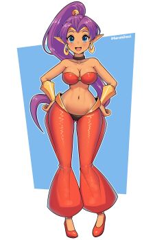 1girl absurdres bikini blue_eyes breasts cleavage dark-skinned_female dark_skin earrings geraldjess1 hands_on_own_hips highres hoop_earrings jewelry large_breasts long_hair looking_at_viewer narrow_waist navel open_mouth pointy_ears ponytail purple_hair shantae shantae_(series) smile solo swimsuit wide_hips