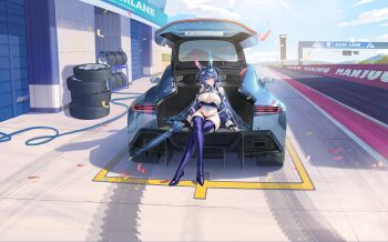 1girl :3 absurdres animal_ears artist_request aston_martin aston_martin_vantage azur_lane blue_eyes blue_hair blue_nails boots breasts car car_trunk cleavage high_heel_boots high_heels highres holding holding_umbrella huge_breasts in_trunk long_hair long_sleeves looking_at_viewer motor_vehicle nail_polish new_jersey_(azur_lane) new_jersey_(black_blur_prelude)_(azur_lane) non-web_source official_alternate_costume official_art outdoors rabbit_ears race_queen racetrack solo thigh_boots thighhighs umbrella very_long_hair