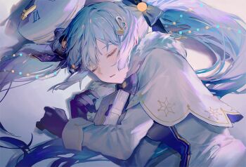 1girl black_gloves blue_hair book bow bowtie capelet closed_eyes commentary dress fortissimo gloves hair_ornament hatsune_miku long_hair long_sleeves lying musical_note musical_note_hair_ornament nenecrepe on_side parted_lips purple_bow purple_bowtie solo twintails upper_body vocaloid white_capelet white_dress yuki_miku yuki_miku_(2021)