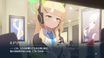 3girls aged_up alternate_costume alternate_hair_length alternate_hairstyle aqua_bow black_suit blonde_hair blue_archive blunt_bangs blurry blurry_background blush bow character_print closed_mouth collared_shirt commentary_request cosmetics fake_screenshot formal_clothes frown green_eyes green_halo hair_bow hair_ornament hairclip half-closed_eyes halo hamachikichiki hand_up hands_up highres holding holding_lipstick_tube indoors jacket jacket_partially_removed kazusa_(blue_archive) lipstick_tube long_hair long_sleeves looking_down midori_(blue_archive) mika_(blue_archive) multiple_girls open_clothes open_jacket partial_commentary pink_hair poster_(object) profile school_uniform scrunchie shirt sidelocks smile solo_focus split_mouth straight_hair subtitled suit translation_request upper_body white_jacket white_shirt wide_sleeves wrist_scrunchie yellow_eyes yoshimi_(blue_archive)