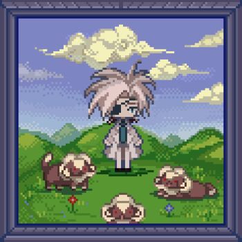 1boy animal animated animated_gif blue_necktie blue_sky border brown_fur cloud day eyepatch grey_hair grey_jacket grey_pants hill jacket meyou_0319 necktie pants pixel_art red_eyes sky standing