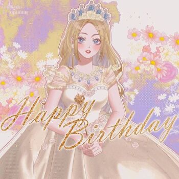 1girl artist_name blonde_hair blue_eyes blush breasts calligraphy caption cleavage corset crown dress eyebrows floral_background flower gem gift gift_art gown happy_birthday holding holding_wand jewelry lace large_breasts lipstick makeup necklace okitafuji own_hands_together petticoat portrait princess puffy_short_sleeves puffy_sleeves real_life red_lips rose scepter short_sleeves solo tiara wand wedding_dress white_dress white_flower white_rose