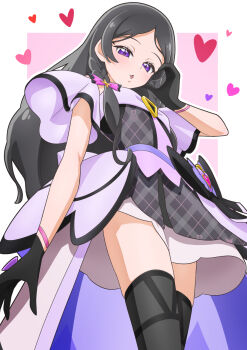 1girl black_gloves black_hair black_thighhighs blush breasts butterfly_bow dress gingham_dress gloves hair_ornament highres kimi_to_idol_precure long_hair looking_at_viewer meroron_(precure) open_mouth precure puffy_dress purple_eyes ribbon small_breasts solo thighhighs tiler_(tiler00) twintails