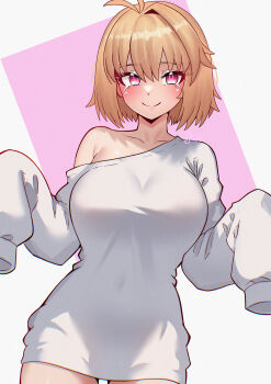 1girl absurdres arcueid_brunestud bare_shoulders blonde_hair blush breasts collarbone commentary english_commentary film_grain fukou highres large_breasts long_sleeves looking_at_viewer off_shoulder red_eyes shirt short_hair signature single_off_shoulder sleeves_past_fingers sleeves_past_wrists smile solo tsukihime two-tone_background w_arms white_shirt