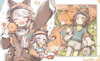 1boy :d ^_^ animal_ears arm_up blue_eyes blue_shirt blush bright_pupils brown_eyes brown_hair charizard chibi closed_eyes commission day fang flower gen_1_pokemon grass haiyan_limeng heterochromia highres holding holding_poke_ball jacket long_sleeves lying male_focus multicolored_hair multiple_views nintendo notice_lines off_shoulder on_back open_clothes open_jacket open_mouth original outdoors poke_ball pokemon pokemon_(creature) sample_watermark scarf shirt short_hair shorts smile two-tone_hair watermark white_hair white_jacket white_pupils white_scarf white_shorts wolf_ears wolf_girl