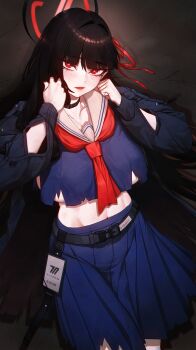 Rule 34 | 1girl, absurdres, belt, black hair, black halo, black jacket, blue archive, blue shirt, blue skirt, blunt bangs, blush, breasts, bright pupils, chisa (wuthering waves), chisa (wuthering waves) (cosplay), choker, collarbone, commentary request, cosplay, groin, hair ribbon, halo, highres, jacket, large breasts, long hair, looking at viewer, name tag, navel, neckerchief, onbawa, open clothes, open jacket, parted lips, red eyes, red halo, red neckerchief, red ribbon, ribbon, rio (blue archive), sailor collar, shirt, skirt, solo, very long hair, white pupils, white sailor collar, wuthering waves