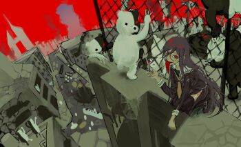 Rule 34 | 1girl, bear, black hair, black serafuku, black thighhighs, body writing, building, chain-link fence, city, crater, danganronpa (series), danganronpa another episode: ultra despair girls, fence, fukawa toko, genocider shou, glasses, hair between eyes, hamuseutta, head tilt, highres, holding, holding scissors, long hair, long sleeves, long tongue, looking at viewer, mole, mole under mouth, monokuma, neckerchief, on rooftop, open mouth, outdoors, post-apocalypse, red eyes, red sky, ruins, sailor collar, school uniform, scissors, serafuku, side slit, sky, smile, solo, squatting, tally, thighhighs, tongue, tongue out, tower, very long hair, white sailor collar, wide shot, yellow neckerchief