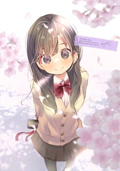 1girl black_hair black_skirt blush bow brown_cardigan cardigan cherry_blossoms closed_mouth collared_shirt commentary_request diagonal-striped_bow dress_shirt flower graduation grey_eyes grey_pantyhose highres kuga_tsukasa long_hair original pantyhose petals pink_flower pleated_skirt red_bow shirt signature skirt smile solo striped_bow twitter_username watermark web_address white_shirt