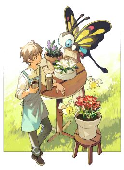 1boy apron beautifly black_shoes blue_apron blue_pants border brown_eyes brown_hair closed_mouth coffee collared_shirt commentary_request cup cutiefly drinking_glass flower flower_pot flying from_above gen_3_pokemon gen_7_pokemon grass highres holding holding_cup leaning_on_table newo_(shinra-p) nintendo outdoors outside_border pants plank pokemon pokemon_(creature) purple_flower red_flower shirt shoes simple_background smile standing stool table thermos white_border white_flower white_shirt wooden_stool wooden_table