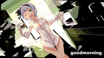 1girl black_hairband black_ribbon buttons coffee coffee_pot commentary cup dutch_angle english_text female_focus green_eyes grey_hair hair_ribbon hairband highres holding holding_cup indoors kitchen konpaku_youmu konpaku_youmu_(ghost) long_sleeves mug no_pants one_eye_closed open_mouth panties partially_unbuttoned pegina ribbon shirt short_hair solo standing steam thick_eyebrows touhou underwear white_panties white_shirt window