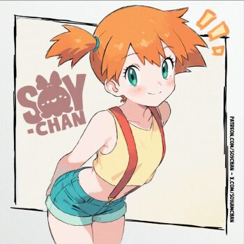 1girl bare_shoulders blue_eyes blush breasts closed_mouth collarbone denim denim_shorts green_eyes hashtag-only_commentary leaning_forward looking_at_viewer midriff misty_(pokemon) navel nintendo orange_hair pokemon pokemon_(anime) pokemon_(classic_anime) shirt short_hair shorts side_ponytail small_breasts smile solo soy-chan suspender_shorts suspenders tank_top yellow_shirt yellow_tank_top
