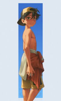 1boy backwards_hat black_hair border closed_mouth clothes_around_waist ethan_(pokemon) feet_out_of_frame hat jacket jacket_around_waist male_focus nintendo poke_ball pokemon pokemon_gsc short_hair shorts solo toned toned_male topless_male treijim