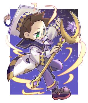 1boy blue_background brown_hair brown_shoes commentary_request full_body glasses green_eyes hat holding holding_staff jacket klug_(puyopuyo) long_sleeves male_focus open_mouth outstretched_arm pants purple_pants puyopuyo rasu_(pixiv9799832) round_eyewear shoes short_hair solo sparkle staff standing standing_on_one_leg white_hat white_jacket