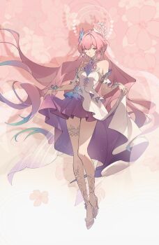 1girl absurdres aqua_hair bare_shoulders breasts bridal_veil commentary cyrene_(honkai:_star_rail) cyrene_(ripples_of_past_reverie)_(honkai:_star_rail) dress earrings english_commentary full_body gradient_hair halo high_heels highres honkai:_star_rail honkai_(series) jewelry long_hair medium_breasts multicolored_hair pink_hair pink_sky pointy_ears purple_eyes saltycastella sky solo thighs two-tone_hair veil very_long_hair white_dress