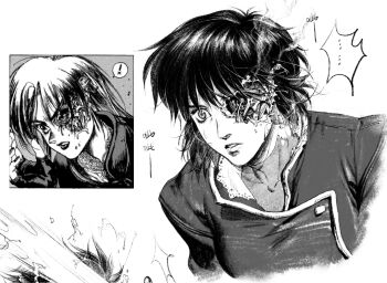 1girl aizheajsee black_gloves black_hair cyborg eye_injury fingerless_gloves ghost_in_the_shell gloves highres kusanagi_motoko medium_hair official_art_inset white_background