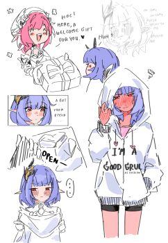 ... 2girls beret black_shorts blush box commentary elf elysia_(hi_love_elf)_(honkai_impact) elysia_(honkai_impact) english_commentary english_text full-face_blush gift gift_box hair_ornament hat herrscher_of_corruption highres holding holding_gift honkai_(series) honkai_impact_3rd multiple_girls pink_hair pointy_ears red_eyes short_hair shorts simple_background spoken_ellipsis white_background white_hood yaro_yk