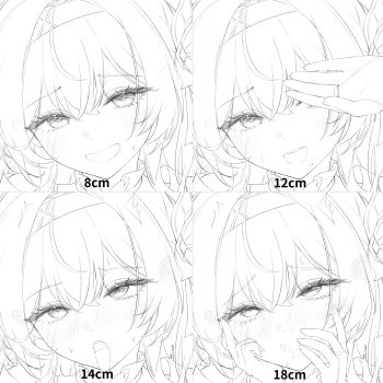 1girl absurdres ahegao blush bridal_gauntlets commentary_request covering_one_eye ear_blush firefly_(honkai:_star_rail) greyscale hairband hand_on_own_cheek hand_on_own_face harin_05 highres honkai:_star_rail honkai_(series) korean_commentary long_hair looking_at_viewer measuring monochrome open_mouth penis_measuring portrait rolling_eyes smile tongue tongue_out