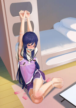 1girl absurdres armpits arms_up assault_lily bare_arms barefoot bdsm bed blue_hair blush bondage bound bound_arms bound_fingers bound_knees bound_legs bound_thumbs bound_torso bound_wrists breasts bunk_bed cable_tie carpet clenched_hands cloth_gag coffee_table commentary_request commission covered_mouth dolphin_shorts duct_tape egg_vibrator fingernails full_body gag gagged highres improvised_gag indoors itou_shizu_(assault_lily) jewelry legs_together long_hair looking_at_viewer nipple_stimulation nose_blush on_floor outstretched_arms pillow pixiv_commission po-i-mu pom_pom_(clothes) purple_eyes purple_shorts purple_tank_top pussy_juice pussy_juice_stain remote_control_vibrator restrained ring sex_toy shadow short_shorts shorts sidelocks small_breasts solo steaming_body table tank_top tearing_up toenails very_long_hair vibrator vibrator_on_nipple vibrator_over_clothes vibrator_under_clothes wooden_floor