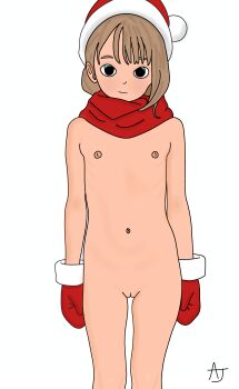 1girl aurorajay blue_eyes brown_hair christmas flat_chest hat loli looking_at_viewer mittens nipples nude original portrait pussy santa_hat scarf self-upload standing uncensored