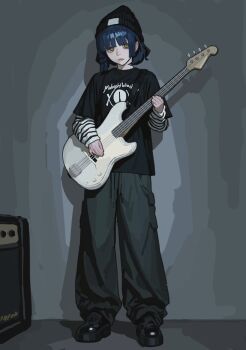 1girl amplifier baggy_pants bass_guitar beanie black_hat black_shirt black_shoes blue_hair blunt_bangs bocchi_the_rock! closed_mouth commentary fender_precision_bass full_body grey_pants guitar h4sh1rnoto hat head_tilt highres holding holding_bass_guitar holding_guitar holding_instrument indoors instrument layered_sleeves legs_apart long_sleeves looking_at_viewer pants platform_shoes print_shirt shirt shoes short_hair short_over_long_sleeves short_sleeves sidelocks sketch_background solo standing striped_clothes striped_shirt t-shirt yamada_ryo yellow_eyes