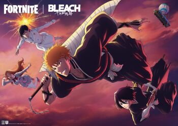 2boys 2girls black_hair bleach bleach:_sennen_kessen-hen breasts cloud cloudy_sky epic_games fortnite holding holding_sword holding_weapon inoue_orihime ishida_uryuu karakura_high_school_uniform kuchiki_rukia kurosaki_ichigo large_breasts long_hair multiple_boys multiple_girls official_art orange_hair quincy_(bleach) shihakusho skirt sky sternritter sword wandenreich_uniform weapon zangetsu_(shikai) zanpakutou