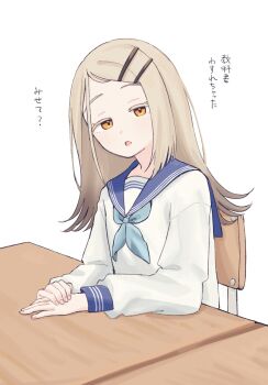 Rule 34 | 1girl, blonde hair, blue neckerchief, blue sailor collar, chair, colored eyelashes, commentary request, desk, flipped hair, gakuen idolmaster, gradient hair, grey hair, hair ornament, hairclip, highres, idolmaster, light blush, long hair, long sleeves, looking at viewer, multicolored hair, neckerchief, on chair, open mouth, orange eyes, own hands together, parallel hairclips, sailor collar, sailor shirt, school desk, school uniform, shinosawa hiro, shirt, sitting, solo, swept bangs, translation request, upper body, white shirt, yasuzero