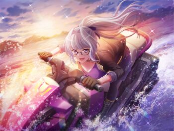 1girl bespectacled black_boots black_choker black_gloves black_jacket black_pants boots breasts choker cleavage floating_hair game_cg glasses gloves grey_hair jacket jet_ski knee_boots long_hair long_sleeves looking_at_viewer motion_blur official_art open_mouth pants ponytail purple_eyes purple_shirt riding shirt shoujo_kageki_revue_starlight shoujo_kageki_revue_starlight_-re_live- sidelocks solo splashing water watercraft yukishiro_akira