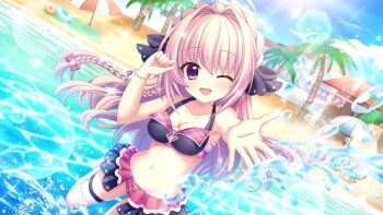 1girl ;d ahoge beach beach_umbrella bikini bikini_skirt black_bikini blanket blonde_hair blue_eyes blue_sky bow braid breasts cleavage cloud coconut_tree collarbone crown_braid day dot_nose dutch_angle film_grain game_cg hair_bow hair_intakes hand_up innertube izumi_tsubasu lens_flare long_braid looking_at_viewer medium_breasts mole mole_under_each_eye mole_under_eye multiple_moles navel non-circular_lens_flare non-web_source official_art one_eye_closed open_mouth outdoors outstretched_arm palm_tree pink_bow plaid_bikini plaid_clothes re:stage! shiratori_amaha_(re:stage!) sky smile solo sparkle splashing standing standing_on_one_leg swim_ring swimsuit thigh_strap tree umbrella wading