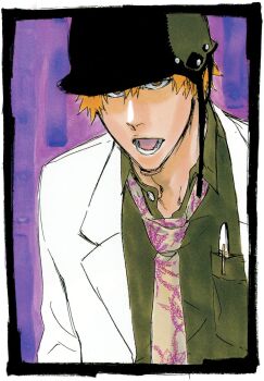 1boy bleach brown_eyes collarbone dress_shirt helmet jacket jewelry kubo_tite kurosaki_ichigo looking_at_viewer male_focus necktie official_art open_mouth orange_hair pen postcard second-party_source shirt short_hair simple_background teeth tongue upper_body white_jacket