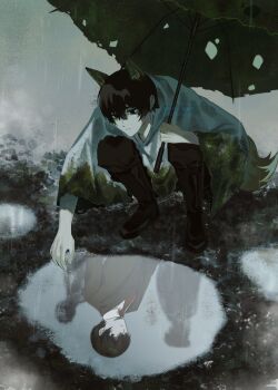 1boy 320_ramensuki animal_ears different_reflection dual_persona e.g.o_(project_moon) fox_ears full_body highres holding holding_umbrella hood hood_down hoodie limbus_company necktie official_alternate_costume project_moon puddle rain reaching reaching_towards_another red_necktie reflection squatting sunshower_(e.g.o) torn_umbrella umbrella white_hoodie yi_sang_(project_moon)