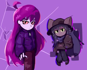 1girl 1other ahoge androgynous animal_hat badeline brown_coat brown_hat cat_hat celeste_(video_game) coat colored_sclera colored_skin commentary crossover down_jacket english_commentary floating hat highres jacket long_hair long_sleeves looking_at_viewer medium_hair mouthwash_inc niko_(oneshot) oneshot_(game) pants purple_hair purple_jacket purple_pants purple_scarf purple_skin purple_theme red_sclera scarf sleeves_past_fingers sleeves_past_wrists square the_world_machine yellow_sclera zipper_pull_tab