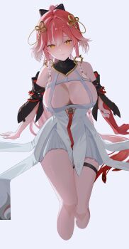 1girl absurdres bare_shoulders black_bow black_collar bow braid breasts changli_(wuthering_waves) chinese_commentary cleavage closed_mouth collar colored_extremities commentary_request cropped_legs dress hair_bow hair_extensions hair_ornament highres invisible_chair large_breasts legs long_hair looking_at_viewer multicolored_hair no_jacket pink_hair ponytail red_hands ring_hair_extensions sitting smile solo thigh_strap twin_braids two-tone_hair very_long_hair white_dress white_hair wuthering_waves yellow_eyes youmiao_oxo