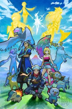 1boy 2girls adaman_(pokemon) akari_(pokemon) arceus artist_name baimon bandaged_arm bandages basculegion basculegion_(male) black_hair blonde_hair blue_hair blue_sky bracelet crossed_arms cyndaquil galaxy_expedition_team_survey_corps_uniform gen_2_pokemon gen_4_pokemon gen_5_pokemon gen_7_pokemon glaceon grass headscarf highres hisuian_arcanine hisuian_avalugg hisuian_braviary hisuian_electrode hisuian_lilligant hisuian_poke_ball irida_(pokemon) jewelry kleavor leafeon legendary_pokemon looking_at_viewer mountain mountainous_horizon multiple_girls mythical_pokemon neck_ring nintendo oshawott poke_ball pokemon pokemon_(creature) pokemon_legends:_arceus rowlet scarf shirt short_hair sky sneasler squatting strapless strapless_shirt volcano waist_cape white_headscarf wyrdeer