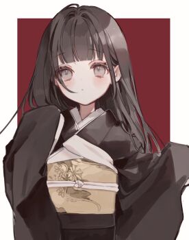1girl absurdres black_hair black_kimono expressionless grey_eyes highres japanese_clothes kimono kyuumura long_hair looking_at_viewer obi original sash sleeves_past_fingers sleeves_past_wrists solo upper_body