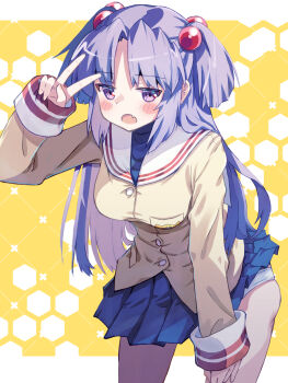 1girl akayama_yukihe ass blazer blue_hair blue_skirt blush_stickers breasts buttons clannad clothes_lift commentary_request cowboy_shot d: eyes_visible_through_hair fang hair_between_eyes hair_bobbles hair_ornament hand_on_own_thigh hand_up highres hikarizaka_private_high_school_uniform ichinose_kotomi jacket large_breasts leaning_forward letterboxed long_hair looking_at_viewer miniskirt open_mouth outside_border panties panty_peek pleated_skirt purple_eyes sailor_collar school_uniform serafuku sidelocks simple_background skin_fang skindentation skirt skirt_lift sleeves_past_wrists solo straight_hair two_side_up underwear very_long_hair white_panties white_sailor_collar yellow_background yellow_jacket