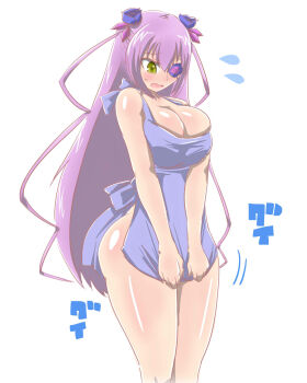 1girl alternate_breast_size_(larger) apron barasuishou blush breasts cleavage commentary_request cowboy_shot flower flower_eyepatch flying_sweatdrops highres itini-sanshi large_breasts long_hair looking_down naked_apron open_mouth purple_apron purple_flower purple_rose rose rozen_maiden shiny_skin simple_background solo very_long_hair white_background yellow_eyes