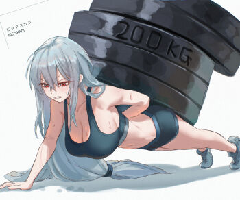 1girl absurdres arknights arm_behind_back arm_support bare_shoulders breasts cleavage clenched_teeth commentary_request exercising grey_hair hair_between_eyes highres large_breasts long_hair push-ups red_eyes shoes short_shorts shorts simple_background skadi_(arknights) sneakers solo sports_bra sweat teeth uof very_long_hair weights white_background workout_clothes