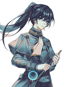 1boy ascot belt black_hair blue_eyes capelet chinese_commentary coat commentary_request crossed_bangs cyacyacyacyaki floating_hair flute hair_between_eyes high_ponytail highres holding holding_flute holding_instrument instrument looking_at_viewer male_focus noah_(xenoblade) official_alternate_costume ponytail simple_background solo standing white_background xenoblade_chronicles_(series) xenoblade_chronicles_3