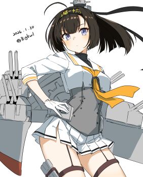 1girl absurdres akizuki_(kancolle) akizuki_kai_ni_(kancolle) bigkwl black_hair blue_eyes blush closed_mouth commentary cowboy_shot dated dated_commentary gloves hachimaki hand_on_own_hip headband highres kantai_collection long_hair long_sleeves looking_at_viewer miniskirt neckerchief one-hour_drawing_challenge pleated_skirt rigging school_uniform serafuku shirt simple_background skirt solo twitter_username white_background white_gloves white_shirt white_skirt yellow_neckerchief