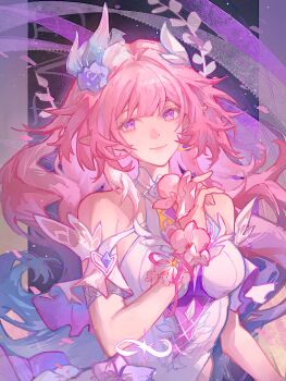 1girl absurdres aqua_hair bare_shoulders breasts chinese_commentary commentary_request cyrene_(demiurge)_(honkai:_star_rail) cyrene_(honkai:_star_rail) diamond-shaped_pupils diamond_(shape) dress flower hair_flower hair_ornament highres honkai:_star_rail honkai_(series) large_breasts long_hair long_youyou looking_at_viewer multicolored_hair pink_hair pointy_ears purple_eyes smile solo symbol-shaped_pupils very_long_hair white_dress white_hair