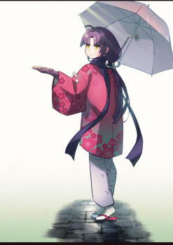 1girl ahoge black_hair black_scarf commentary_request fate/grand_order fate_(series) highres hiraki_naori_(boujaku_bujin) holding holding_umbrella japanese_clothes katou_danzou_(fate) katou_danzou_(under_the_same_sky)_(fate) kimono long_hair mechanical_arms pink_kimono ponytail robot_girl sandals scarf umbrella