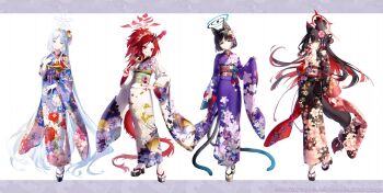 4girls absurdly_long_hair animal_ears black_hair black_sandals blue_archive cat_ears cat_girl clenched_teeth closed_mouth colored_inner_hair floral_print flower fox_ears fox_girl full_body grey_hair hair_flower hair_ornament halo highres horns japanese_clothes kikyou_(blue_archive) kimono long_hair long_sleeves looking_at_viewer multicolored_hair multiple_girls multiple_tails nagusa_(blue_archive) obi official_art okobo platform_sandals print_kimono red_hair renge_(blue_archive) riichu sandals sash short_hair simple_background single_horn smile socks standing tabi tail teeth two_tails very_long_hair wakamo_(blue_archive) white_background white_socks wide_sleeves