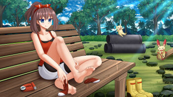 Rule 34 | 1girl, :q, bare arms, bare shoulders, barefoot, bench, bike shorts, black shorts, blue eyes, blue sky, boots, breasts, brown hair, camisole, cleavage, closed mouth, cloud, collarbone, day, feet, gen 3 pokemon, hair ribbon, hairband, high ponytail, highres, industrial pipe, kazenokaze, may (pokemon), medium breasts, minun, mountain, nintendo, on bench, outdoors, park bench, plusle, pokemon, pokemon (creature), pokemon oras, ponytail, red camisole, red hairband, red ribbon, red socks, ribbon, seesaw, short shorts, shorts, shorts under shorts, sky, smile, socks, soles, solo focus, tongue, tongue out, tree, undressing, unworn boots, white shorts, yellow boots