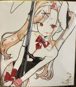 1girl :p animal_ears blonde_hair comiket_106 fishnet_pantyhose fishnets flat_chest highres leotard long_hair looking_at_viewer miyako_no_gohan original pantyhose photo_(medium) playboy_bunny rabbit_ears rabbit_hole_(vocaloid) red_eyes shikishi slit_pupils smile solo tongue tongue_out traditional_media twintails