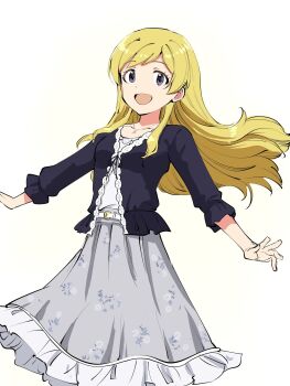 1girl :d belt belt_buckle black_cardigan blonde_hair buckle cardigan cowboy_shot dorsiflexion_(wrist) dot_nose emily_stewart eyelashes floral_print floral_print_skirt frilled_cardigan frilled_skirt frilled_sleeves frills grey_skirt hair_down highres idolmaster idolmaster_million_live! idolmaster_million_live!_theater_days jewelry lace-trimmed_cardigan long_hair long_skirt long_sleeves looking_at_viewer matcha_kingyo necklace open_mouth parted_bangs print_skirt private_dress_(idolmaster_million_live!) purple_eyes shirt skirt smile solo swept_bangs white_background white_belt white_shirt